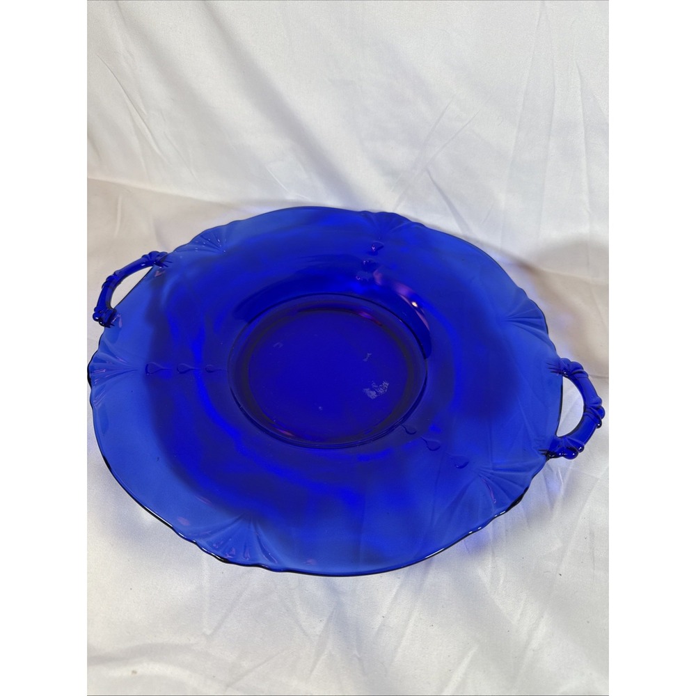 Paden City Crow’s Foot Cobalt Blue 2 Handled Round Cake Plate/Tray